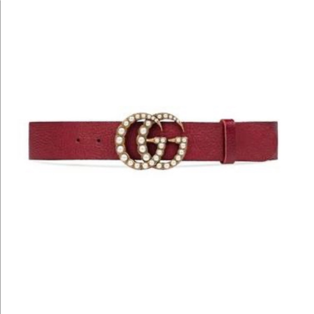 Gucci Red Leather Belt with Pearl Double G